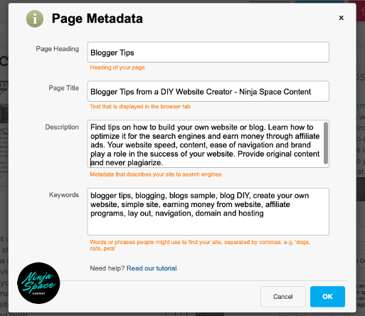 metadata for Ninja Space Content website